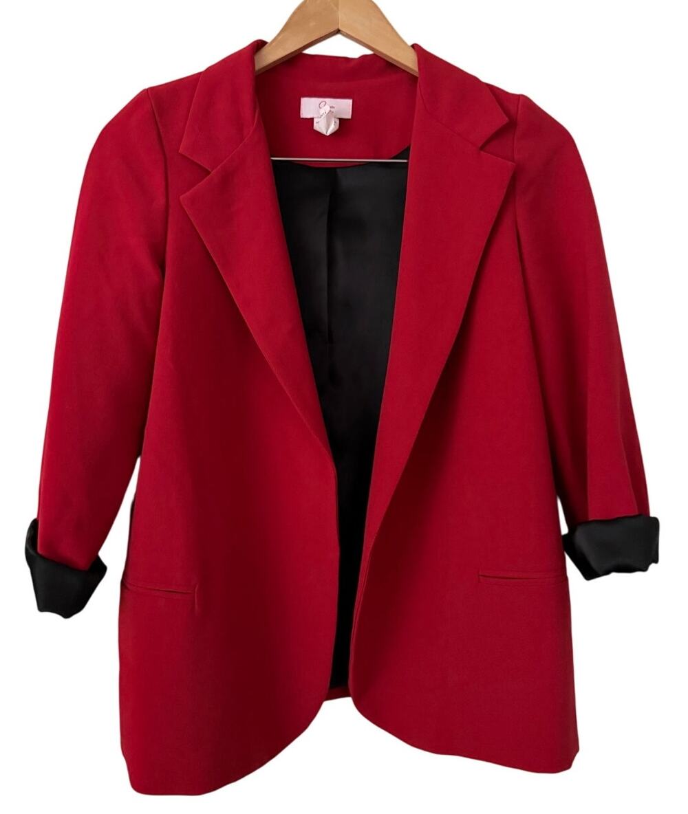 Aqua Red Open Front Blazer Pocket Size XL Work Office Statement Colorful Preppy
